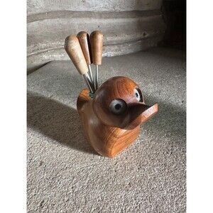 Vintage Mid Century French Retro Rustic Wooden Bird (Duck?) Coctail Pick Holder
